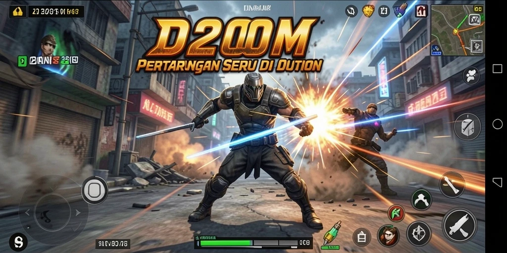 Screenshot gameplay D200M menampilkan aksi seru dalam pertarungan.