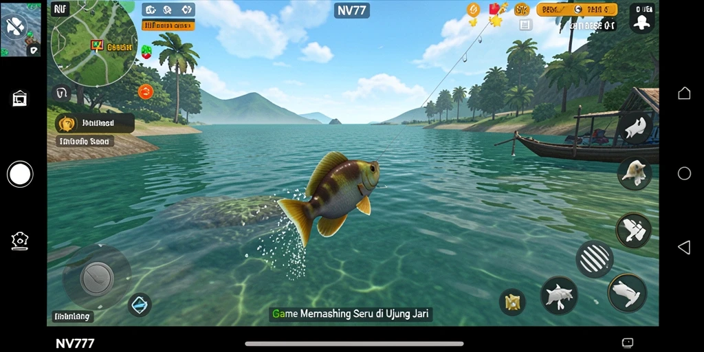 Gameplay NV77 yang menampilkan momen seru saat menangkap ikan.