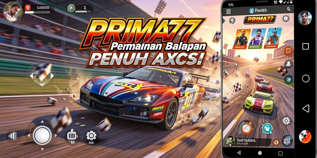 Tampilan gameplay seru balapan di PRIMA77 dengan trek dan kendaraan beragam.